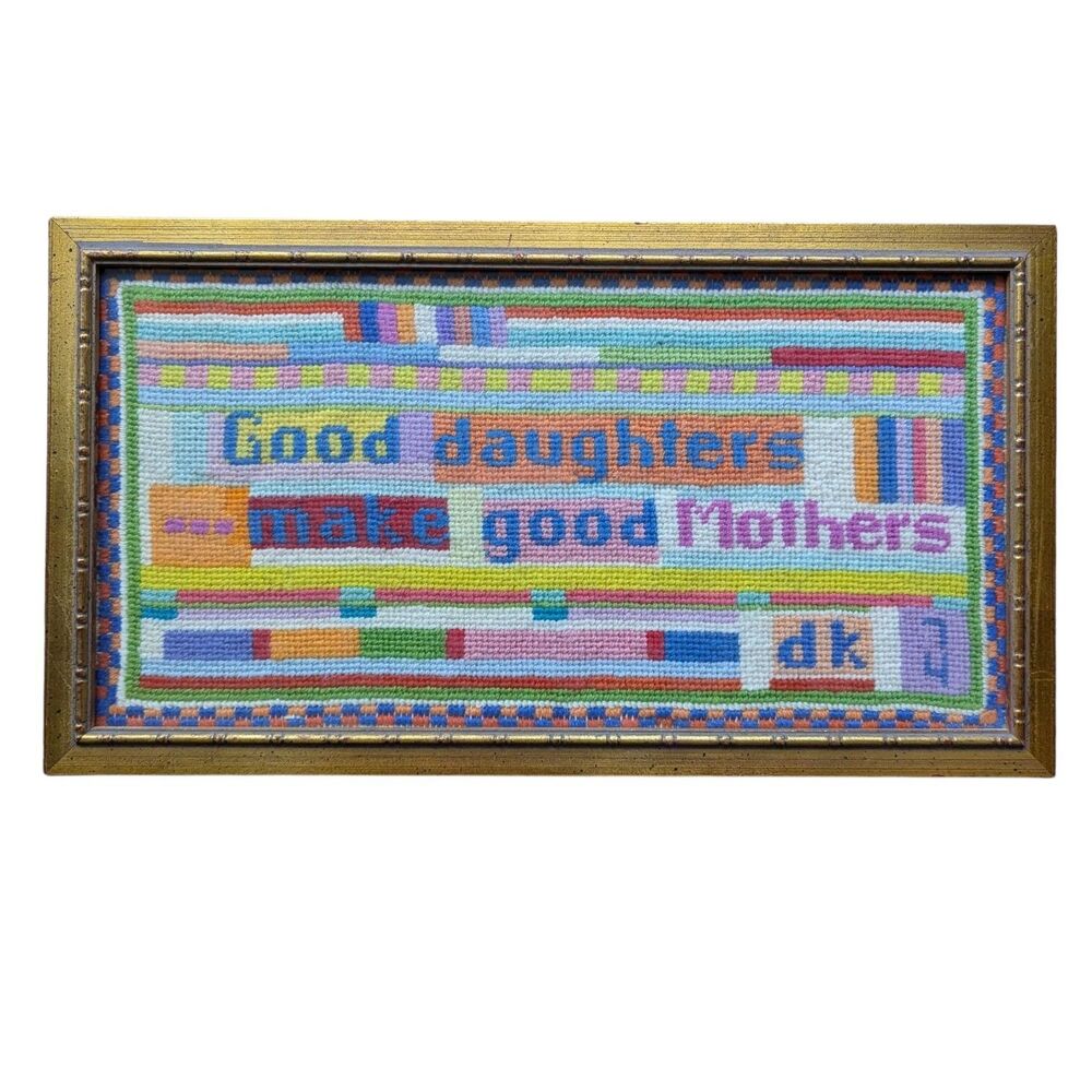 1970s Needlepoint Handmade Framed Daughter Mother Nursery Kidcore Retro Decor